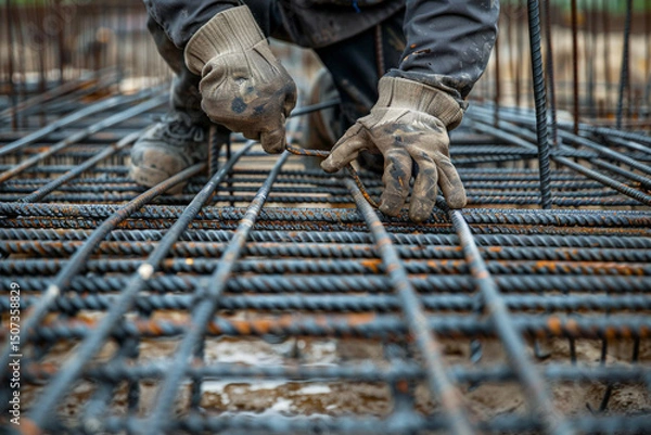Obraz Construction Worker Tying Rebar