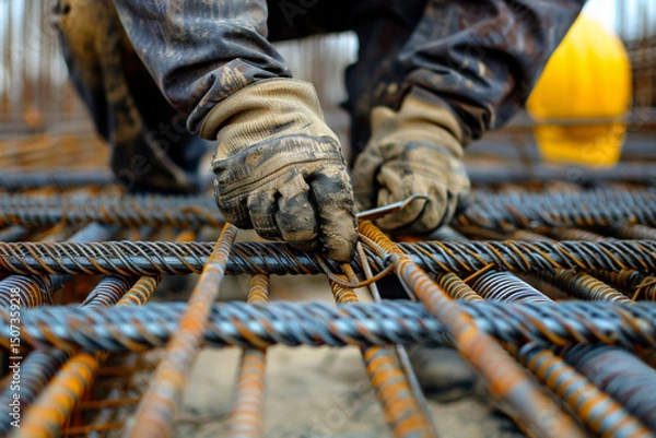 Obraz Construction worker tying rebar