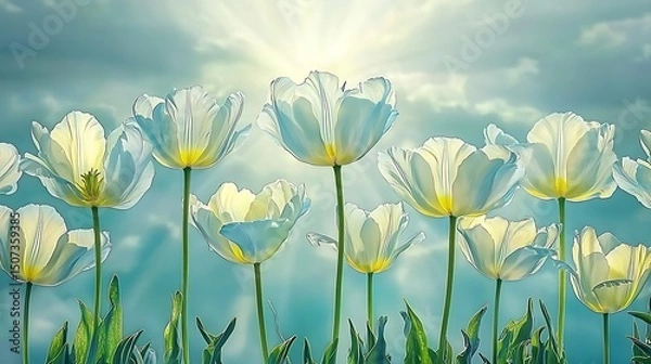 Fototapeta A dreamy pastel floral scene with blurred petals, evoking tranquility and the soft diffusion of natural sunlight.