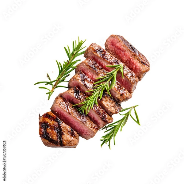 Fototapeta Grilled and sliced beef steak with rosemary isolated on a transparent background.