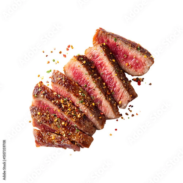 Fototapeta Grilled and sliced beef steak with rosemary isolated on a transparent background.
