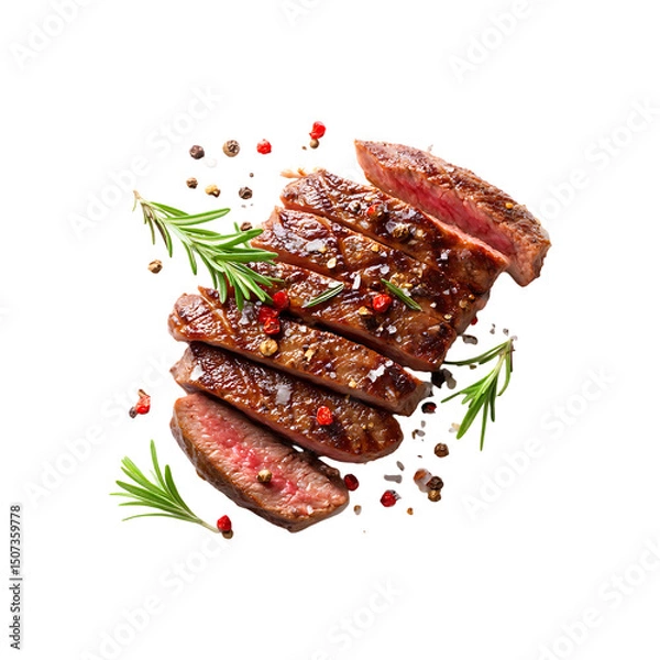Fototapeta Grilled and sliced beef steak with rosemary isolated on a transparent background.