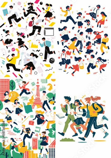 Fototapeta Dynamic Student Set: A vibrant collection of energetic students in action, representing diverse backgrounds and activities, creating a dynamic and lively visual narrative.