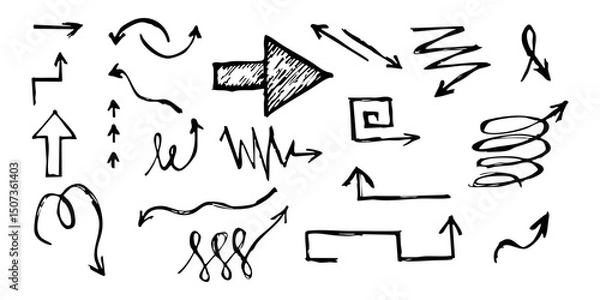 Fototapeta Crayon arrow sketches collection - hand drawn doodle style pointers, curved lines, round swirls. Chaotic scribbling, artistic design elements set. Black grunge brush strokes isolated on white