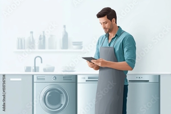 Fototapeta Cheerful technician inspecting broken appliances in a colorful workshop during a busy repair service