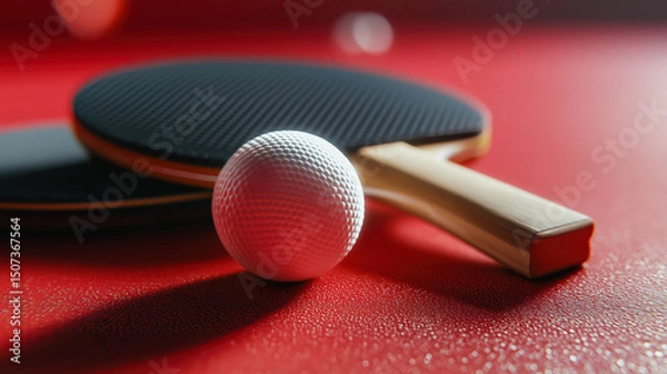 Obraz Close-up of table tennis paddle and dimpled ball on red textured surface, great for sports ads, recreation blogs, and fitness promotional content