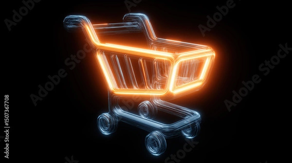 Obraz Glowing neon shopping cart icon on dark background, symbolizing digital retail, e-commerce, consumerism, and tech shopping innovation