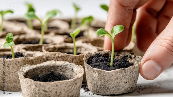 Obraz Hand planting young seedling in biodegradable pot with soil, representing sustainability, eco farming, spring gardening, and green lifestyle visuals