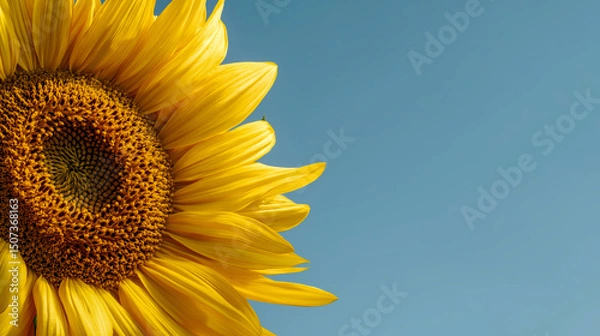 Obraz Close-up of sunflower blossom on clear blue sky background, perfect for summer ads, seasonal greetings, floral decor, and agricultural content