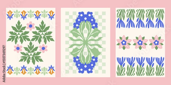 Fototapeta Art Nouveau style vector posters set. Vintage print designs with flowers, abstract florals compositions, checkered background