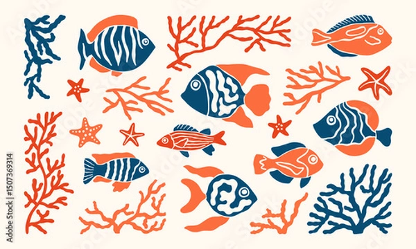 Fototapeta Underwater ocean life minimalist simple illustrations set. Sea fishes, starfishes, seaweeds, corals vector doodles