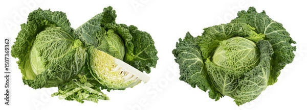 Fototapeta Savoy cabbage with slice isolated on white background with full depth of field