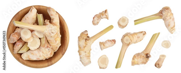 Fototapeta Fresh galangal root in wooden bowl isolated on white background with full depth of field. Top view. Flat lay