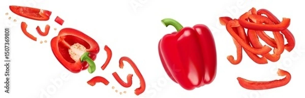 Fototapeta red sweet bell pepper with slices isolated on white background. Top view. Flat lay