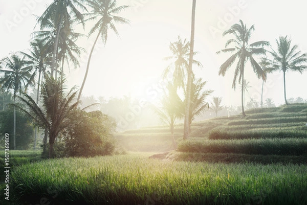Fototapeta Rice terrace fields with some tall palm trees located in Dampit, Malang, East Java, Indonesia in the sunrise