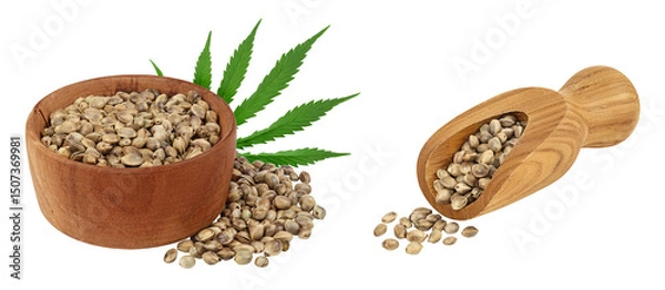 Fototapeta Hemp seeds in wooden bowl isolated on white background with full depth of field
