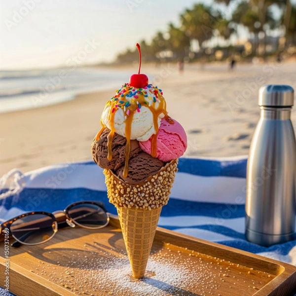 Fototapeta Ice Cream Cone on Beach The Perfect Summer Treat
