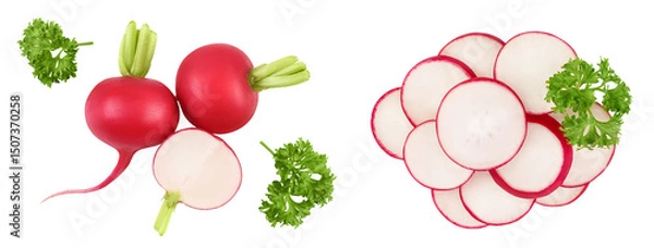 Fototapeta Radish with half isolated on white background. Top view. Flat lay