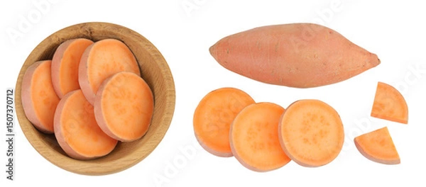 Fototapeta Sweet potato slices in a wooden bowl isolated on white background. Top view. Flat lay