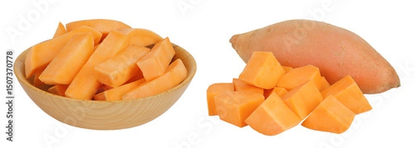 Fototapeta Sweet potato slices in a wooden bowl isolated on white background with full depth of field