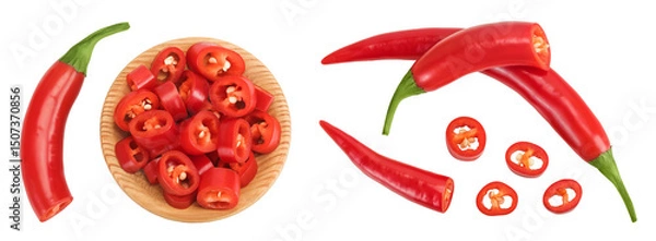 Fototapeta red hot chili pepper slices in wooden bowl isolated on white background. Top view. Flat lay.
