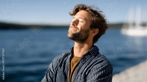 Fototapeta Man is sitting on a dock by the water, looking out at the ocean. He is wearing a blue shirt and he is enjoying the view