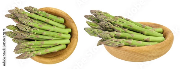 Fototapeta fresh asparagus in wooden bowl isolated on white background. Top view. Flat lay