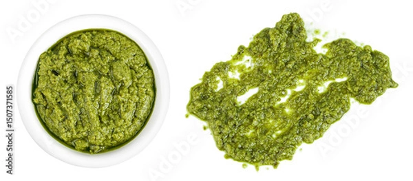 Fototapeta Pesto sauce in ceramic bowl isolated on white background. Top view. Flat lay