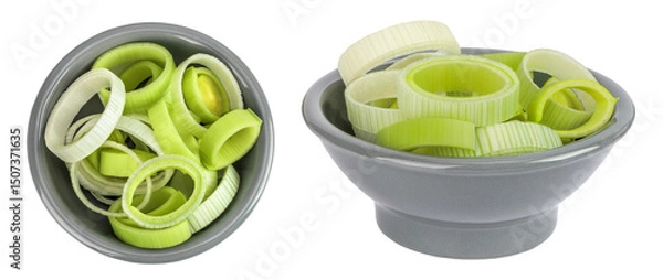 Fototapeta sliced Leek vegetable in ceramic bowl isolated on white background. Top view. Flat lay