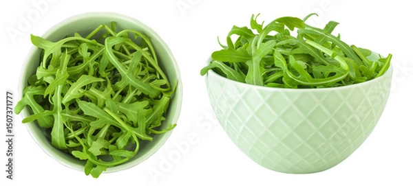 Fototapeta Heap of green fresh rucola or arugula leaf in ceramic bowl isolated on white background. Top view, flat lay