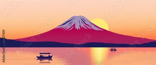 Fototapeta Minimalist abstract vector art of Mount Fuji sunrise over lake, featuring boats  Oriental color palette,  calm,  mountain