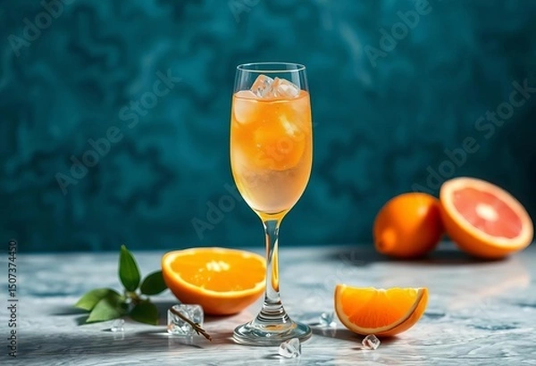 Fototapeta Orange, prosecco, and soda cocktail in a wine glass with ice and orange slice,  citrus,  ice