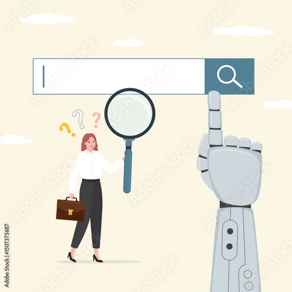 Fototapeta Businesswoman searching information, big robot hand points to search bar. Chat bot artificial intelligence help in data search. Technology of automatic analysis, web browsing.