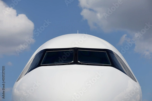 Fototapeta Front view of a commercial airplane cockpit with reflections on fuselage against blue ski and white clouds.