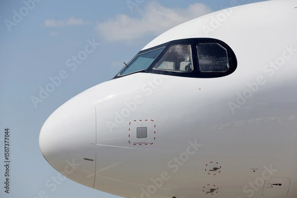 Fototapeta Lateral view of a commercial airplane cockpit with reflections on fuselage against blue ski and white clouds.
