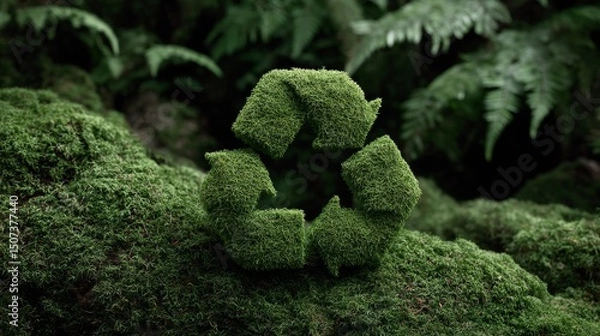 Fototapeta Green plant is shown in a forest setting with a green circle that is made up of smaller green plants. The circle is a symbol of recycling and the plant is a representation of nature