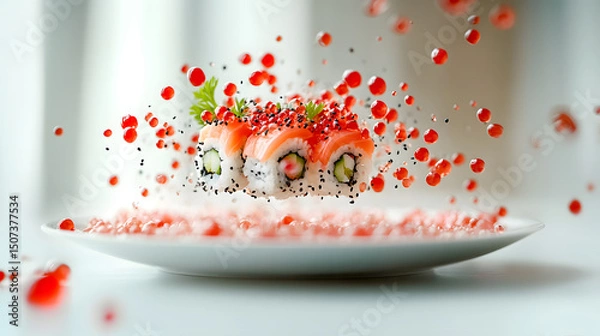 Fototapeta Salmon sushi rolls floating above plate with flying red caviar and sesame seeds