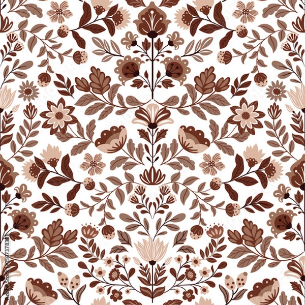 Obraz Seamless folk art pattern with traditional Scandinavian floral motifs. Colorful vector design with flowers on a white background. Ideal for fabric, wallpaper, wrapping paper, and home decor.