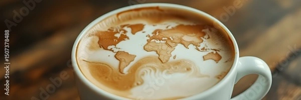 Obraz World Coffee in a Cup: A close-up shot of a cup of coffee featuring the map of the world drawn with milk foam, set on a wooden table, reflecting on global unity and coffee culture. 