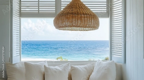 Fototapeta Cozy ocean view from a bright room with white cushions and a woven pendant light in a tropical setting