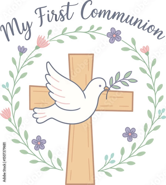 Fototapeta Illustration for a first communion with a white dove holding an olive branch in front of a wooden cross, surrounded by pastel floral wreath and the text "My First Communion"