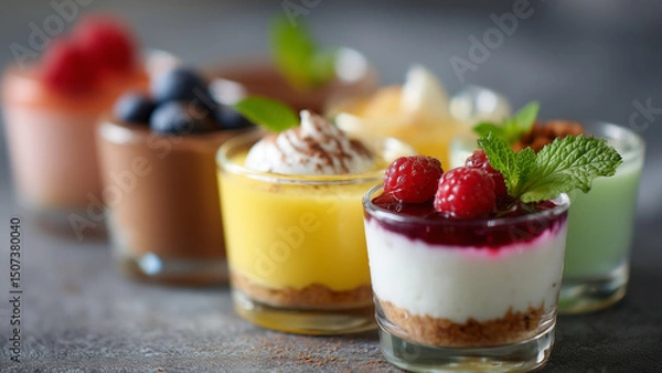 Fototapeta Mini desserts in glass cups are lined up neatly in a row, showcasing colorful layers and textures. Each cup features delicate, bite-sized sweets perfect for elegant parties or tasting menus.