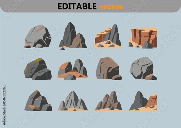 Obraz A set of vector illustrations featuring various rock formations including boulders cliffs and mountains rendered in a flat stylized design with a muted color palette perfect for game design