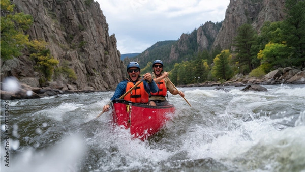 Fototapeta Two friends wearing helmets and life vests paddle a red canoe through roaring whitewater rapids in a rugged mountain river. Water splashes dramatically as they shout with excitement.