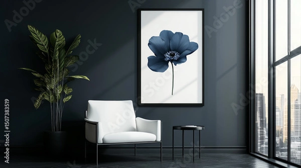Fototapeta Elegant Armchair Scene with Framed Wall Art and Blue Blossoms