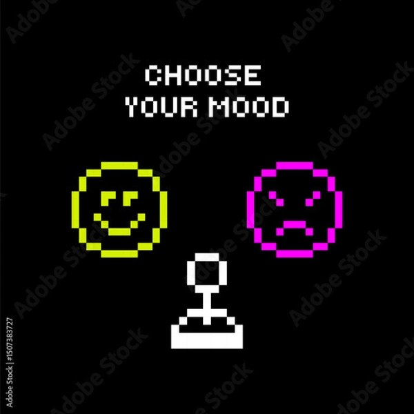 Fototapeta Pixel Art Sticker. Choose Your Mood Caption with Game Controller and Emoji Faces. Funny Retro Gaming Mood Design. Joystick Emotions Illustration. Futuristic 90s style. Geometric simple aethtetic