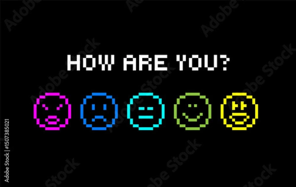 Fototapeta Y2k Pixel Emoji Mood Scale. How Are You. 5 Emotional Faces. Mental Health Awareness Sticker. Pixel Art Icons for UI, Social Media, Retro Minimal Design for social media. Black background, colorful 