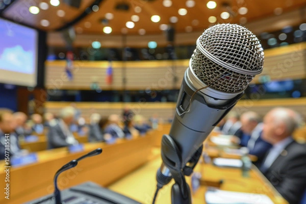 Obraz Close-up of a Microphone in a Conference Room