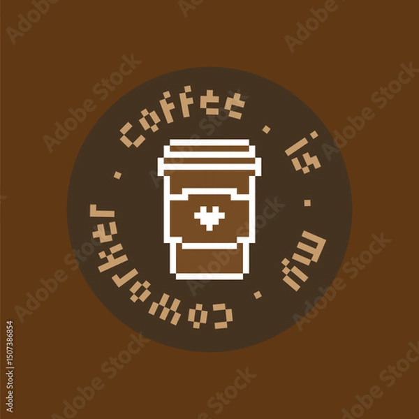 Fototapeta Coffee Is My Coworker Pixel Art Sticker. Funny Minimalist Cup with Lid. Pixel art. Retro Office Life Illustration for Digital Planners, Social Media, Y2K Aesthetic, Work Humor
