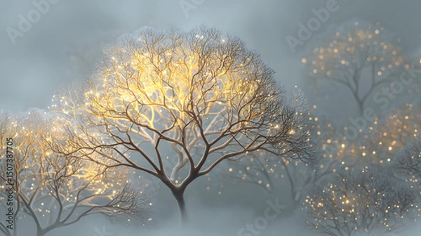 Obraz Enchanted Forest Golden Trees Emerging from Mist, Magical Landscape Illustration